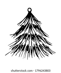 Hand-drawn simple vector black and white drawing. Christmas tree isolated on white background. For New Year's, Christmas design.