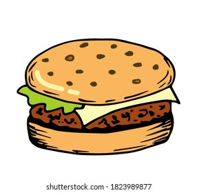 Hand-drawn simple vector color drawing. Burger isolated on white background. For menu prints, labels, packaging. Fast food, diner, cafe.