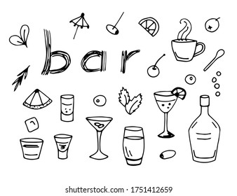 Hand-drawn simple vector doodle sketch. Set of design elements for bar, bottle, glass, drink, cocktail, ice with a black outline on a white background. Summer cafe, drinks.