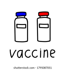 Hand-drawn simple vector drawing in black outline. Russian vaccine against coronavirus, COVID-19. Two bottles with a medical drug, hand lettering.