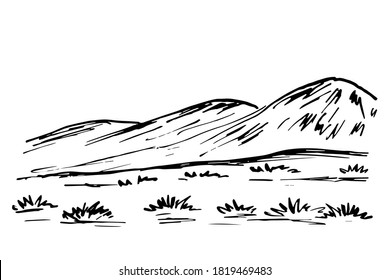 Hand-drawn simple vector drawing in black outline. Mountain landscape, wildlife, foothills, grass. Nature, travel, tourism.