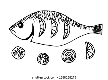 Hand-drawn simple vector drawing in black outline. Cooking sea dorado fish, tomatoes, lemon. Grilled Mediterranean cuisine. Recipe. Menu.