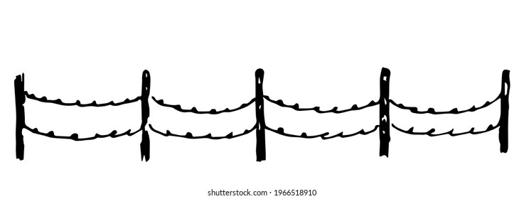 Hand-drawn simple vector drawing in black outline. Agriculture fence, field fencing. Poles with barbed wire. Security, no entry, railing.