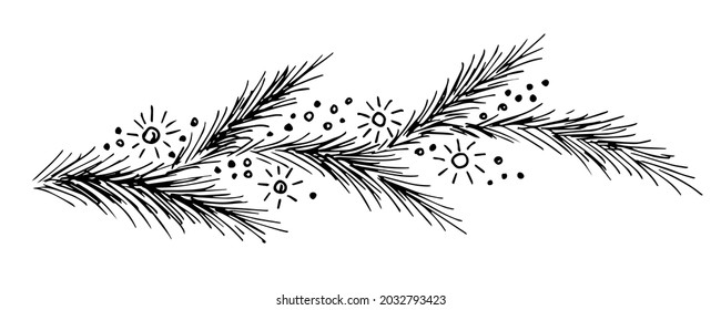 Hand-drawn simple vector drawing in black outline. Pine, spruce branch, berries, snow, lanterns. For the festive New Year, Christmas design, postcards, labels.