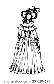 Dibujo de vector simple dibujado a mano en contorno negro. Dama con traje vintage. Moda histórica. Esbozo de tinta.