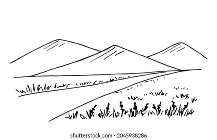 Hand-drawn simple vector drawing in black outline. Mountains on the horizon, road to the field, grass and flowers. Nature and landscape. Travel, tourism. Ink sketch.