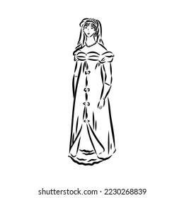 Handgezeichnete einfache Vektorgrafik in schwarzer Umrisslinie. Dame in Vintage-Kleid. Historische Mode. Tintenskizze.