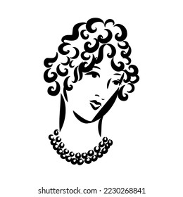 Hand-drawn simple vector drawing in black outline. Lady in vintage dress. Historical fashion. Ink sketch.