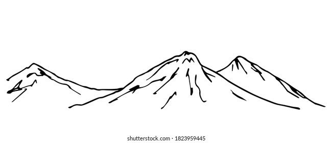 Hand-drawn simple vector drawing. Horizontal mountain landscape, nature of mountainous countries. Wildlife of the north. Panoramic sketch in ink.