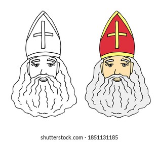 Hand-drawn simple vector drawing. The traditional feast day of St. Nicholas, Sinterklaas in a red-gold miter, gray beard, black outline on a white background.
