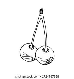 Hand-drawn simple vector illustration with black outline. Two cherries on a twig isolated on a white background. For prints, label, sticker.