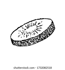Hand-drawn simple vector illustration in black outline. Round slice of kiwi isolated on white background. Ingredient, cooking, dessert, vitamin, menu, logo, sticker.