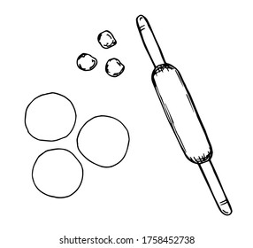 Hand-drawn simple vector illustration with a black outline. Slices of dough, rolled johnny-cake , rolling pin, top view. Cooking flour products. Kitchen items, food.