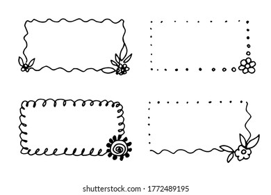 Hand-drawn simple vector illustration in black outline. Set of rectangular floral frames. For labels, stickers, price tags, postcards.
