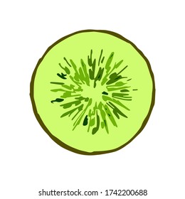 Hand-drawn simple vector illustration. Sliced ​​bright green round kiwi fruit isolated on a white background. Ingredient, cooking, dessert, vitamin, menu, logo, sticker.