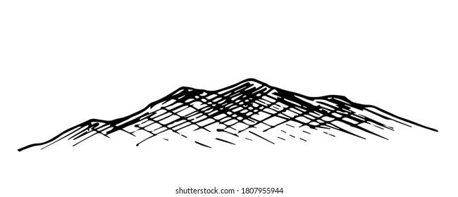 Hand-drawn simple vector ink drawing. Mountain isolated on white background. Panoramic landscape, nature. Tourism, travel.