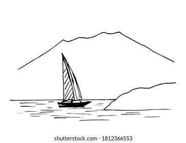 Hand-drawn simple vector ink drawing. Landscape, mountain lake, boat with a sail on the water, rocky coast. Nature, rest, travel.