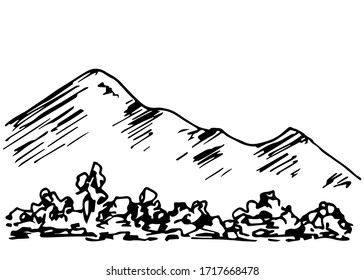 Hand-drawn simple vector landscape in black outline. Trees, bushes in the foreground mountain contours on the horizon, hills. Wildlife, tourism, nature, rural view.