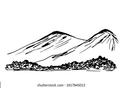 Handgezeichnete einfache Vektorlandschaft in schwarzem Umriss. Bäume, Büsche im Vordergrund, Berge am Horizont, Hügel. Tierwelt, Tourismus, Natur, Reisen.