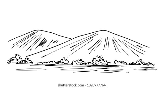 Hand-drawn simple vector landscape in black outline. Trees, bushes, mountains on the horizon, hills. Wildlife, tourism, travel, nature. Ink sketch.