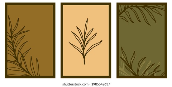 Hand-drawn simple vector plant poster set in earthy colors. For prints, covers, flyers. Contour of palm leaves, summer season.