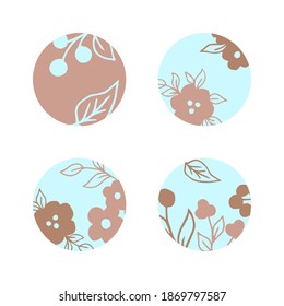 Hand-drawn simple vector round covers for stories. Floral stickers in delicate pastel turquoise pink colors.