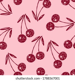 Hand-drawn simple vector seamless pattern. Burgundy cherries on a pink background. For prints of fabric, packaging, textile products.