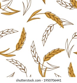 Hand-drawn simple vector seamless pattern. Golden, brown spikelet of wheat, cereals, organic plant cultivation, seasonal harvest. Food, bread, flour products. For printing textiles, labels, packaging.