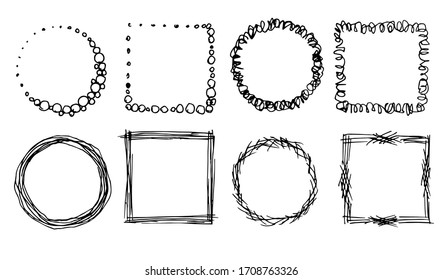 Hand-drawn simple vector set. Abstract strokes, doodles, scribbles, curlicues, square and round frames, ink, charcoal pencil. Elements for creating patterns, labels, decoration.