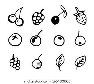 Hand-drawn simple vector set of forest and garden berries in black outline on a white background. For the design of prints, stickers, product labels. Summer season harvest.