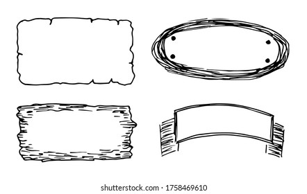 Hand-drawn simple vector sketch. Abstract doodle frames in vintage style, different shapes, strokes, stripes. For prints, sticker, label.