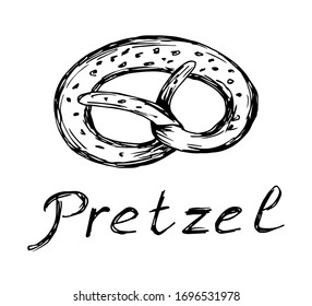 Hand-drawn simple vector sketch in black outline, handwritten inscription. Traditional Bavarian pastries, pretzel, bagel. Food, bread, flour. For labels, logo, store, market.