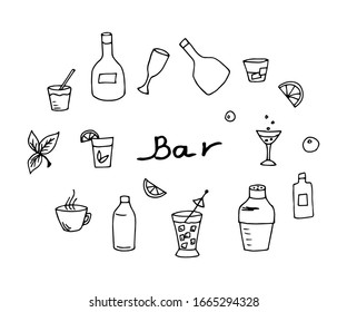 Hand-drawn simple vector sketch. Set of elements for bar design, bottles, glasses, drinks, cocktails with black outline on a white background.