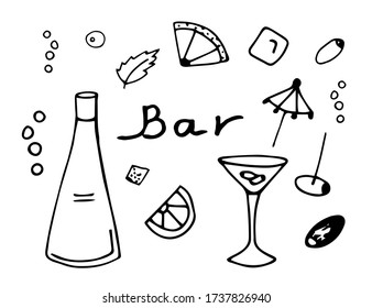 Hand-drawn simple vector sketch. Set of elements for bar design, bottle, glass, drink, cocktail, ice with a black outline on a white background.