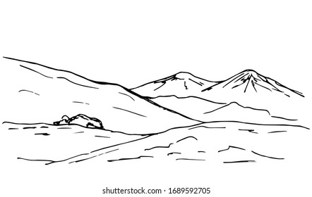 Hand-drawn simple vector sketchy drawing in black outline. Panoramic mountain landscape, hilly, rocky terrain, wildlife of mountainous countries. Geology, travel, tourism, camping.