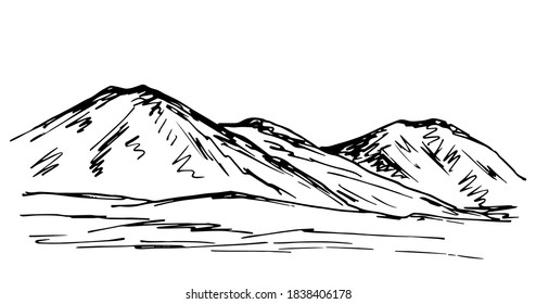 Hand-drawn Simple Vector Sketchy Drawing In Engraving Style. Panoramic Mountain Landscape, Hilly, Rocky Terrain. Geology, Travel, Tourism, Sports.