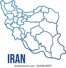 Hand-drawn, simplified outline map of Iran with provinces, smooth blue gradient contour vector. Use for political infographics, travel blogs, educational materials, and editorial articles.
