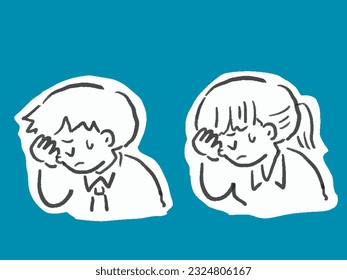 Handdrawn single color illustration set of businessman and office lady with unhappy face
