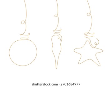 Dibujado a mano de una sola línea continua colgando, juguetes de árbol de Navidad, Ilustración vectorial. Elementos de oro festivos del año Nuevo para el diseño, postales, carteles, Anuncios, decoraciones