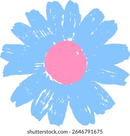 Ilustração de flor de margarida única desenhada à mão em tons azuis e cor-de-rosa caprichosos com linhas de esboço macias e detalhes pétalas simples.