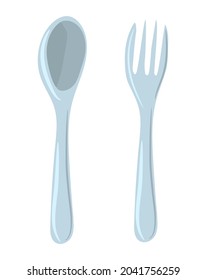 Hand-drawn Single Use Plastic spoon and fork isolated on white background.  Plastic Cutlery. Vector illustration