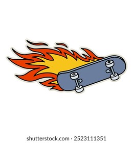 Hand-drawn skateboard on fire illustration. Creative sticker symbolizing speed, thrill, and extreme sports. Vector illustration for skateboarders, adrenaline lovers, and dynamic designs.