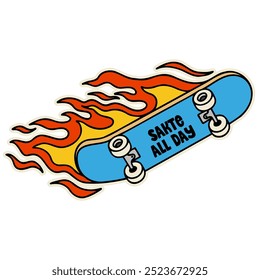 Hand-drawn skateboard on fire illustration. Creative sticker symbolizing speed, thrill, and extreme sports. Vector illustration for skateboarders, adrenaline lovers, and dynamic designs.