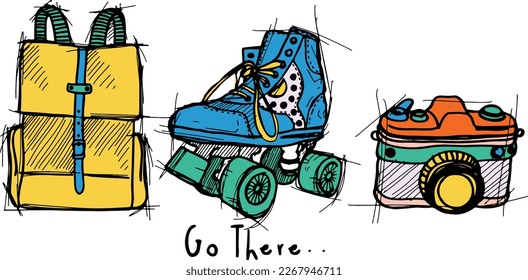 Hand-drawn skateboarding, bagpack, photography camera elements seamless. background. Skateboarding doodle illustrations.