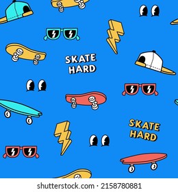 Hand-drawn skateboarding elements seamless pattern. Skate background. Skateboarding doodle illustrations. 