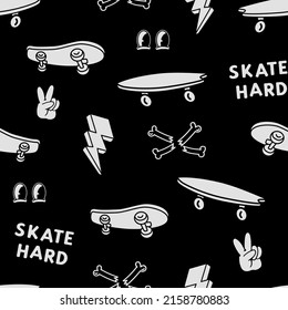 Hand-drawn skateboarding elements seamless pattern. Skate background. Skateboarding doodle illustrations. 