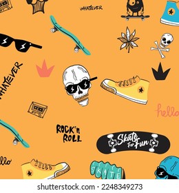 Hand-drawn skateboarding elements seamless pattern. Skate background. Skateboarding doodle illustration. Vector illustration. Seamless pattern with sunglasses, skateboard, hat etc