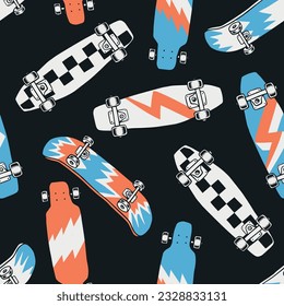 Hand-drawn skateboarding seamless pattern. Skate background texture. Skateboarding doodle illustration. Vector seamless repeat pattern.