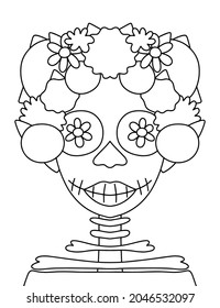 Hand-drawn skeleton lady with flower wreath linear vector illustration