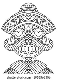 Hand-drawn skeleton with mustaches, hat, and clothes coloring page for adults stock vector illustration. Decorative linear vector illustration for traditional Hispanic holiday el Dia de Muertos 